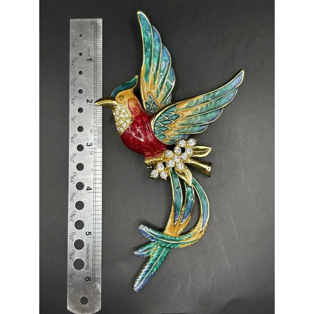 Vintage XLarge Enamel Exotic Bird Brooch Rhinestone Tropical Parrot Pin